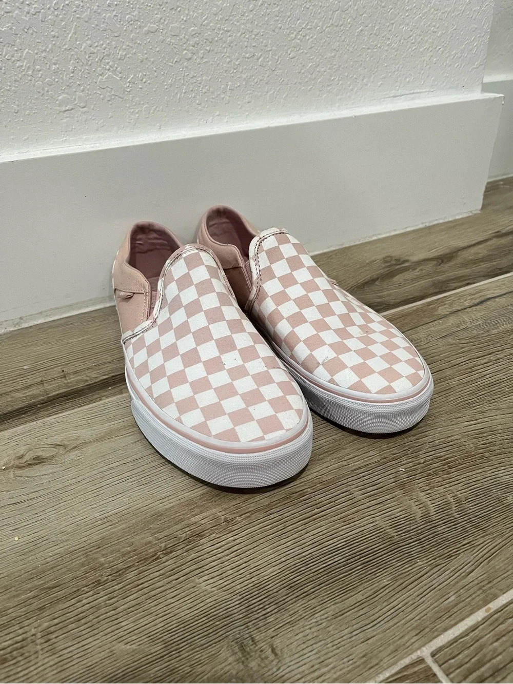 Vans Pink and White Checkerboard Slip-On Sneakers